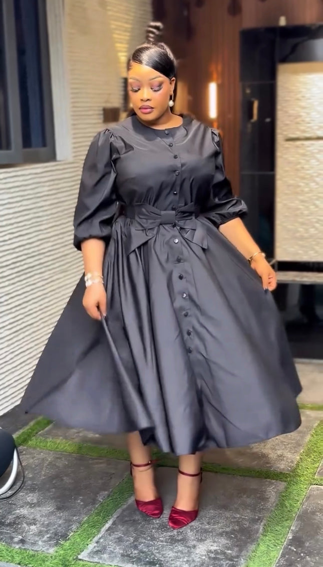 Black Bow Design Twirl Skater Midi Dress for Wedding Church Birthday Dinner Party Outfit