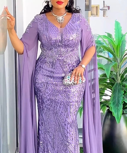 Cape Sleeve Gold Sequin Cocktail Mermaid Dress, Wedding Guest Maxi Dress, Plus Size Mother of The Bride Gown, Party Birthday Dinner Celebrant Worthy