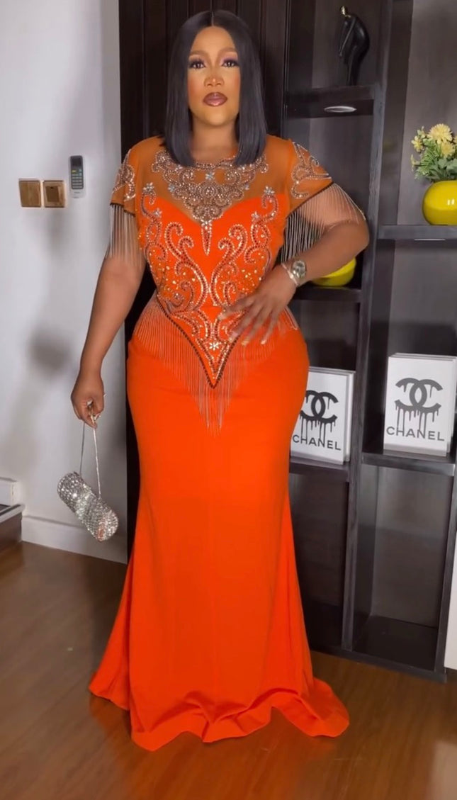 Orange Fringe Embellished Maxi Dress