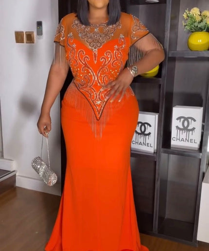 Orange Fringe Embellished Maxi Dress