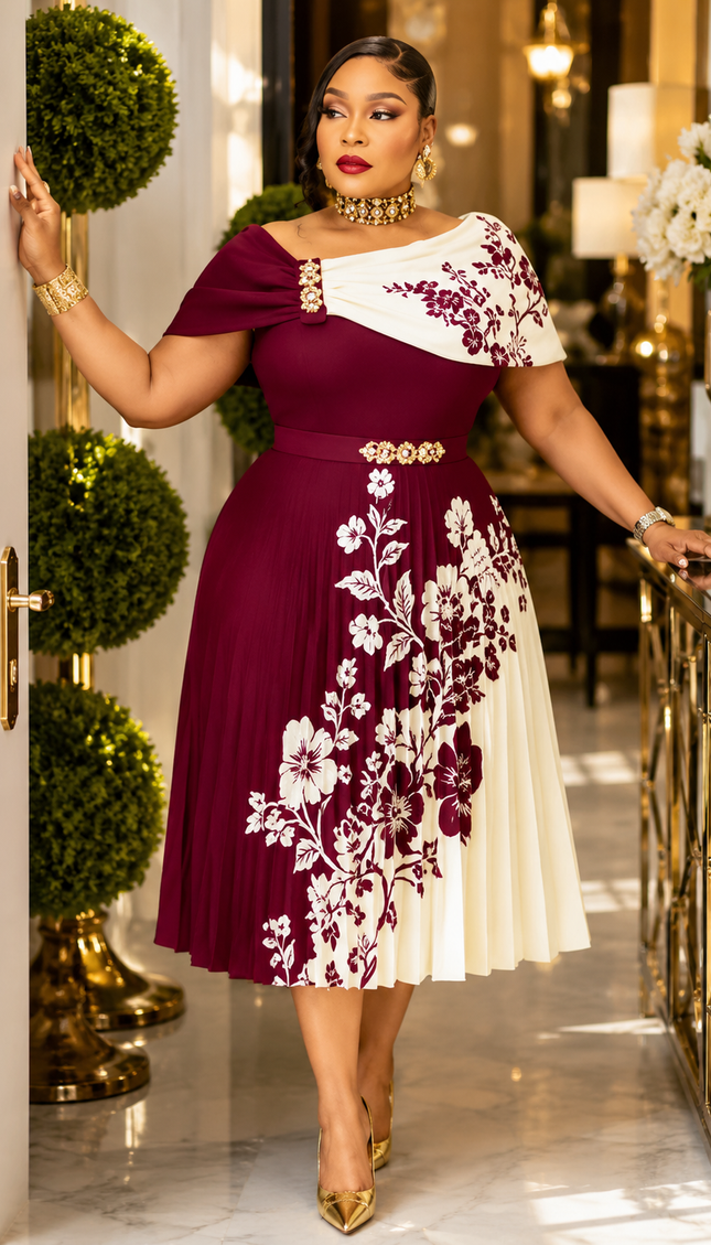 "It's Giving Luxury" Burnt Orange One-Shoulder Rhinestone Twirl Ruched Pleated Midi Dress for Wedding Guest Birthday Cocktail Reception Party