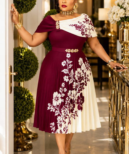 "It's Giving Luxury" Burnt Orange One-Shoulder Rhinestone Twirl Ruched Pleated Midi Dress for Wedding Guest Birthday Cocktail Reception Party