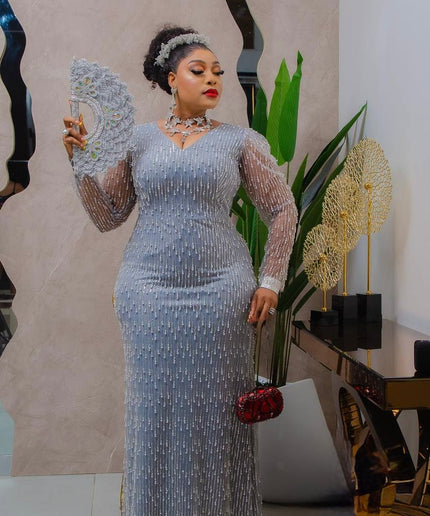 Elegant Blue Embellished Long Sleeve Maxi Dress for Mother of The Bride Wedding Guest Party Cocktail Engagement Gala Ceremony