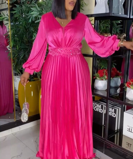 Pleated Slit Sleeves Rhinestone Maxi Dress