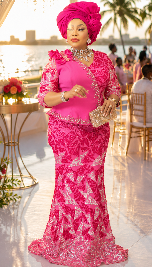 Glamorous Pink Sequin Peplum Mermaid Dress for Mother of The Bride Wedding Guest Birthday Party Formal Evening Gown