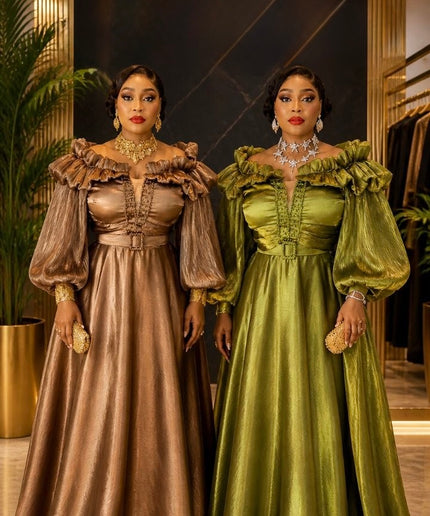 Brown Off-The-Shoulder Twirl A-Line Dress, Formal Evening Gown for Mother of The Bride Wedding Guest Birthday Party Outfit
