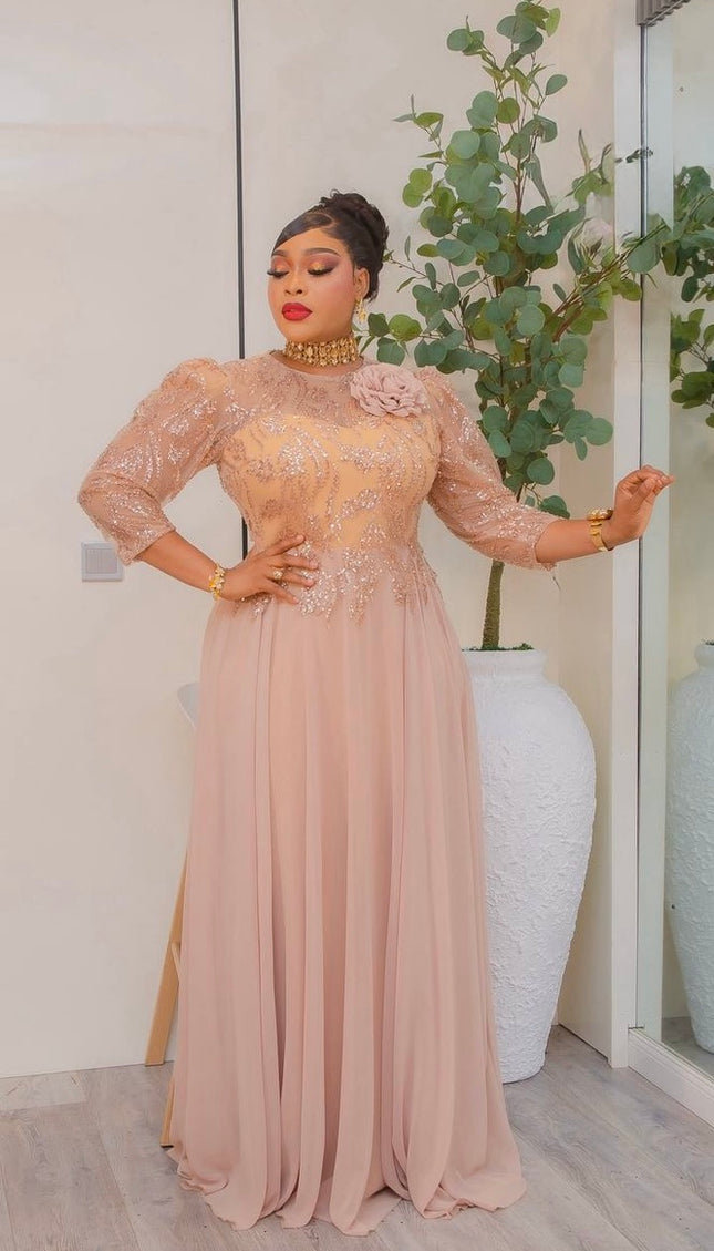 Fabulous Gold Embellished 3D Flower Twirl A-Line Dress for Party Wedding Guest Attire Mother of The Bride Photoshoot Birthday Dinner Outfit