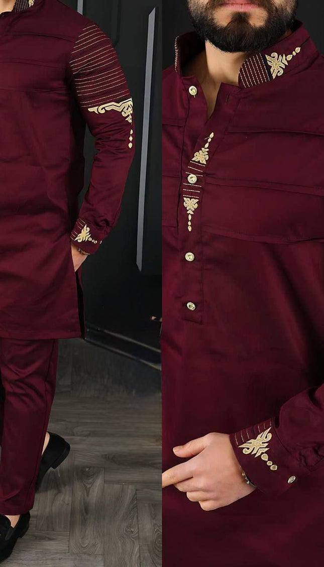 Black Embroidered Mandarin Collar Shirt & Pants Men's 2-Piece Set, Wedding Guest Outfit Groom Groomsmen Graduation Birthday Party