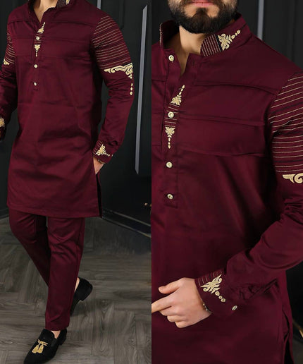 Black Embroidered Mandarin Collar Shirt & Pants Men's 2-Piece Set, Wedding Guest Outfit Groom Groomsmen Graduation Birthday Party