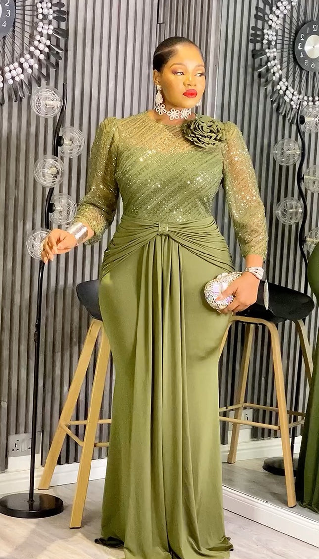 Green Sequin Draped Ruched Maxi Dress for Mother of The Bride Photoshoot Birthday Dinner Cocktail Reception Wedding Guest