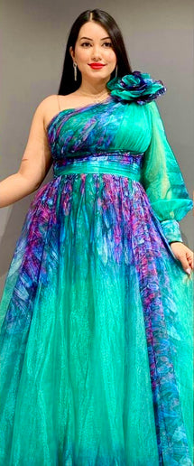 One Shoulder Ombre A Line Maxi Gown with Slit, Mother of The Bride Plus Size Summer Wedding Guest Gown Birthday Party Cocktail Gala