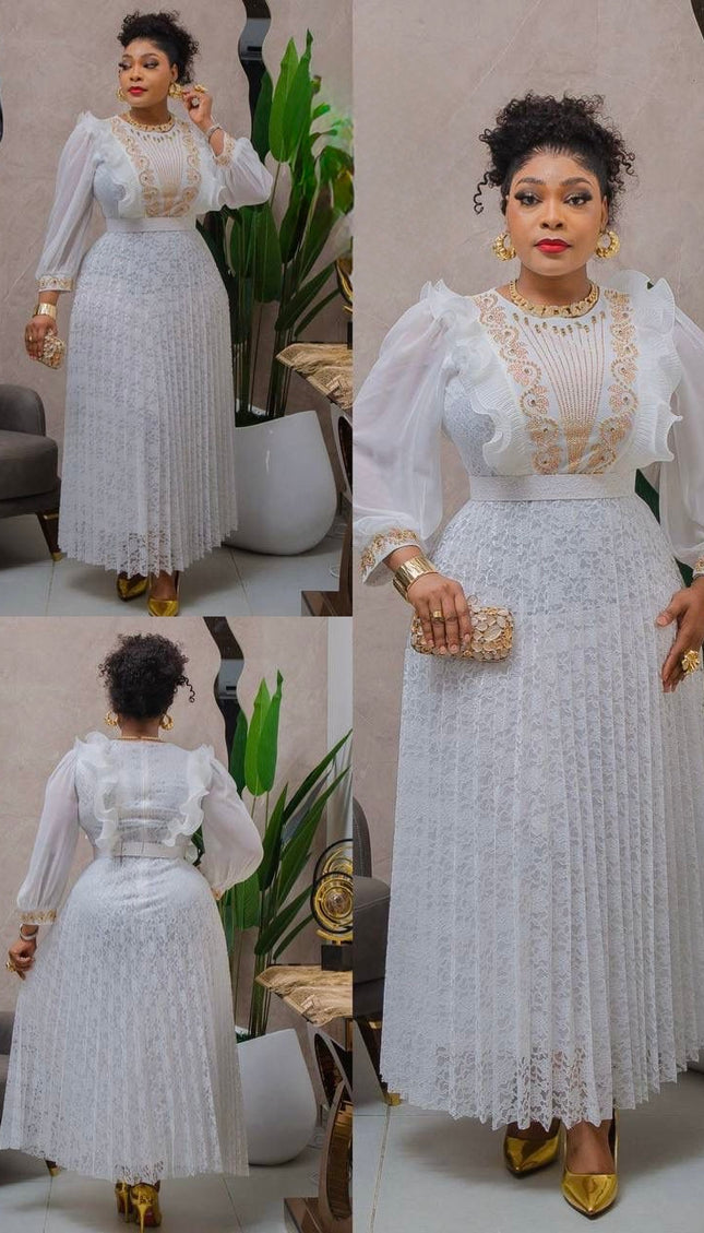 White Embellished Ruffle Sunburst Pleated Maxi Dress for Wedding Guest Engagement Ceremony