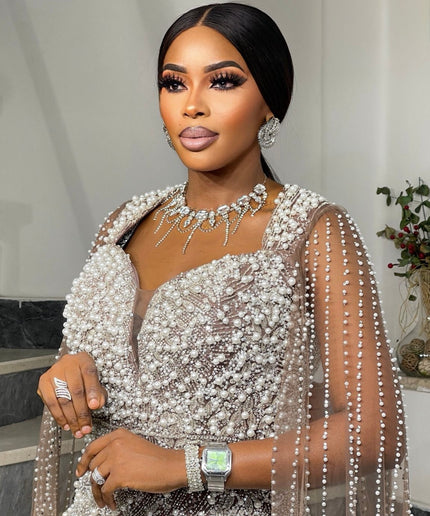 Pink Embellished Cape Sleeve Gown - Mother of The Groom Bridal Reception Anniversary Gala Engagement