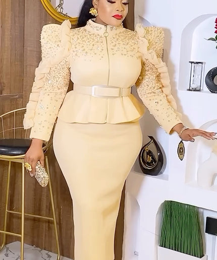 Fancy White Embellished Pointed Shoulder Top and Skirt