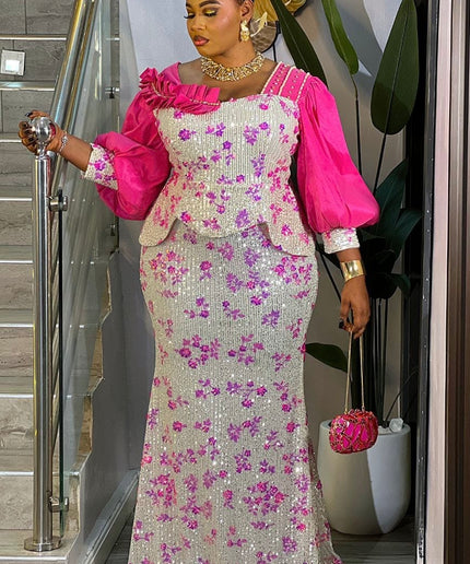 Orange Sequin Embellished Puff Sleeve Mermaid Dress: Cocktail Dinner Anniversary Wedding Guest Attire