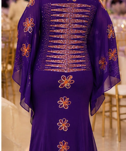 Sparkly Purple Crystal-Embellished Front & Back Split Sleeve Kaftan Dress for Wedding Guest Mother of The Bride Church Cocktail Birthday Party Outfit