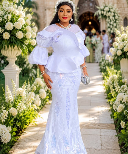White Sequin Peplum 3D Flower Maxi Dress for Mother of The Bride Outfit Wedding Guest Church Anniversary Birthday Party Formal Evening Gown