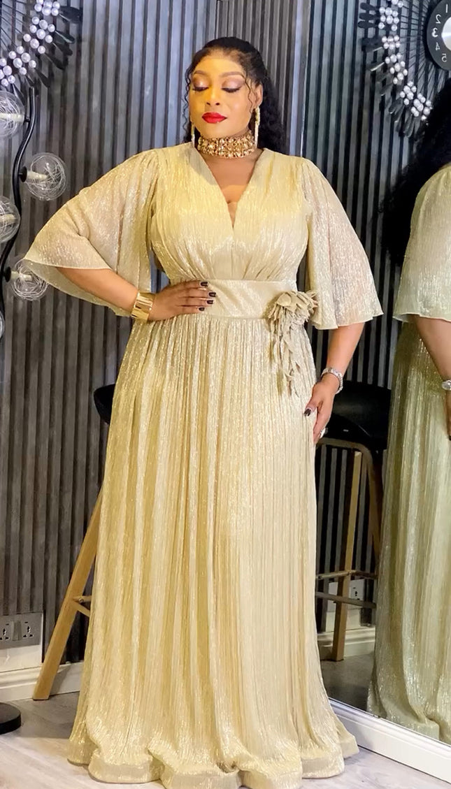Elegant Gold Pleated Flower Maxi Dress