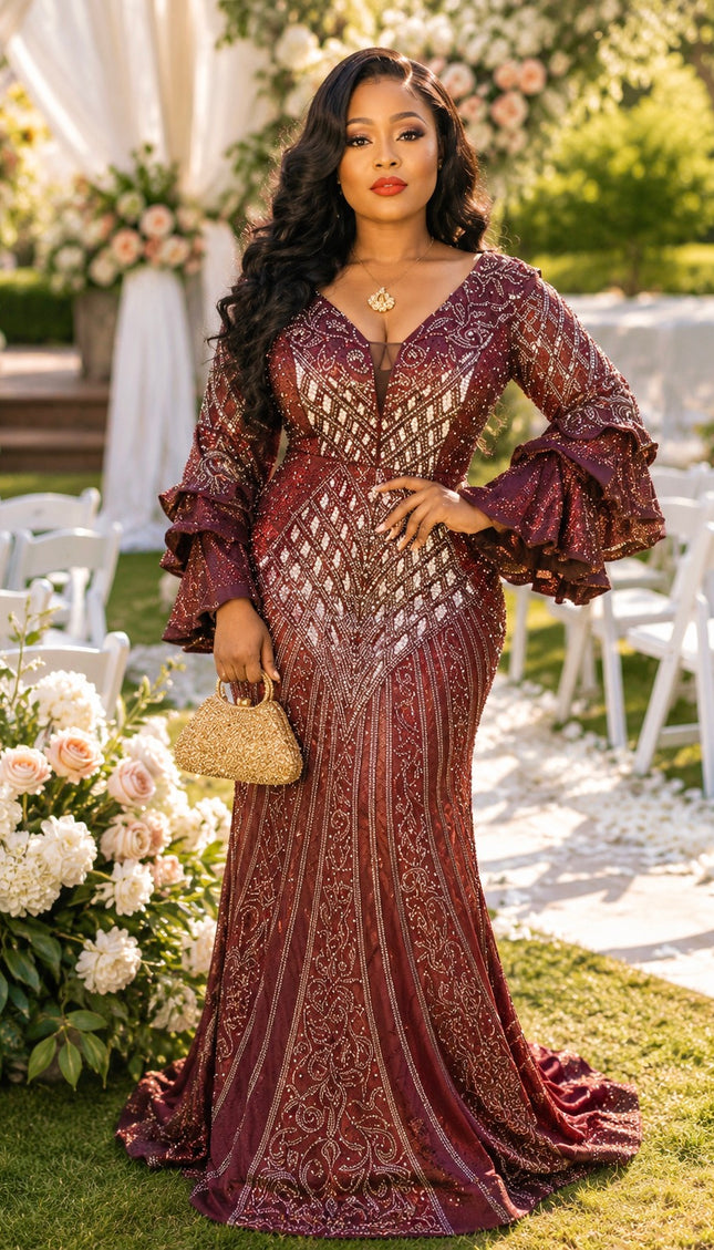 Glamorous Blue Crystal Embellished Ruffle Sleeve Mermaid Dress for Wedding Guest Mother of The Bride Celebrant Formal Evening Gown