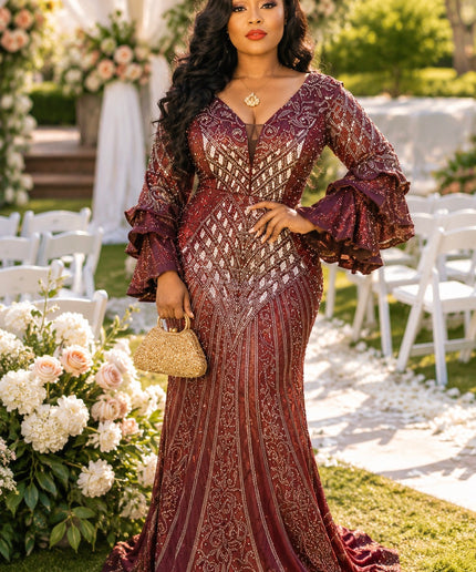 Glamorous Burgundy Crystal Embellished Ruffle Sleeve Mermaid Dress for Wedding Guest Mother of The Bride Celebrant Formal Evening Gown