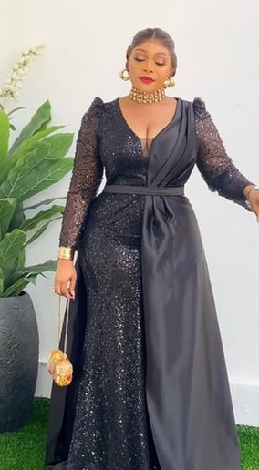 Plus Size Red Sequin Long Sleeve Cape Maxi Gown for Mother of The Bride Photoshoot Engagement Cocktail Ceremony Anniversary