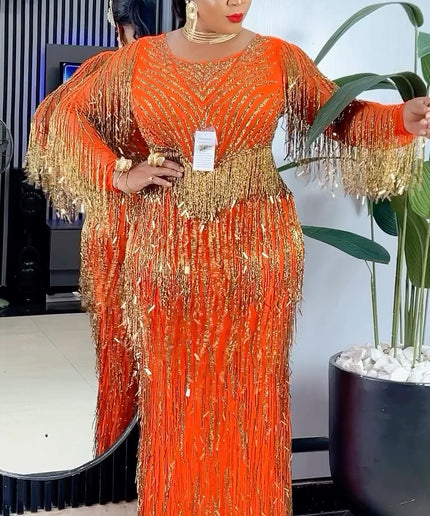Fancy Fringe Crystal-Embellished Maxi Dress