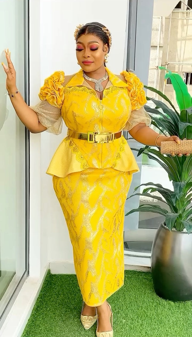 Ruffle Sleeve Metallic Gold Embellished Peplum Dress | Wedding Guest Birthday Party Anniversary