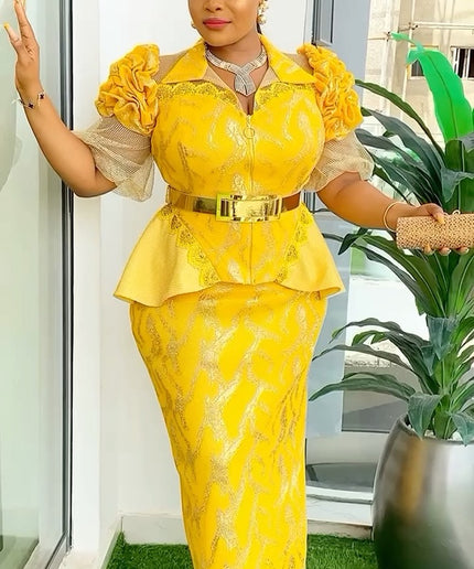 Ruffle Sleeve Metallic Gold Embellished Peplum Dress | Wedding Guest Birthday Party Anniversary