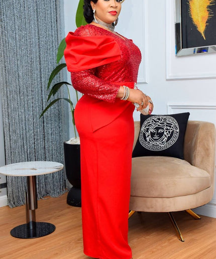 Sequin Pointed Shoulder Maxi Dress | Evening Wear Birthday Party Anniversary Wedding Guest