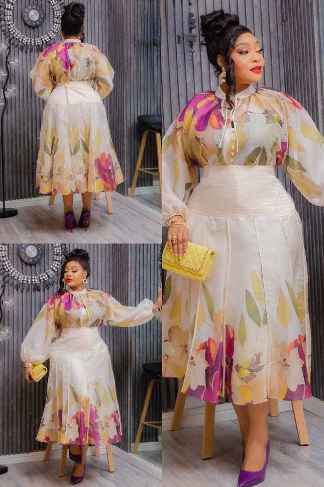 Gold Floral Top & Skirt Pleated Matching 2 Piece Set for Wedding Guest Birthday Cocktail Dinner