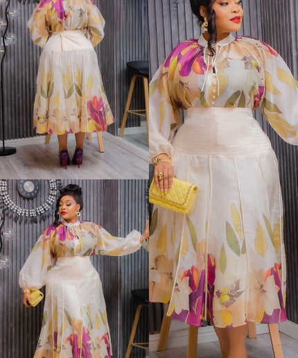 Gold Floral Top & Skirt Pleated Matching 2 Piece Set for Wedding Guest Birthday Cocktail Dinner