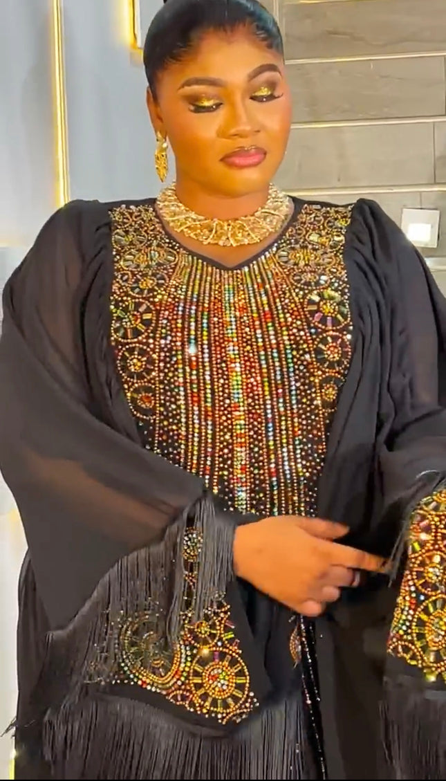 Purple Kaftan Tasseled Dress with Rhinestones, African Bubu Wedding Guest Attire Abaya Mother of The Bride Outfit