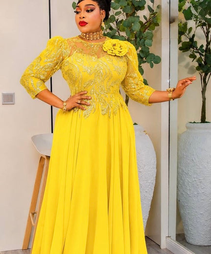 Fabulous Gold Embellished 3D Flower Twirl A-Line Dress for Party Wedding Guest Attire Mother of The Bride Photoshoot Birthday Dinner Outfit