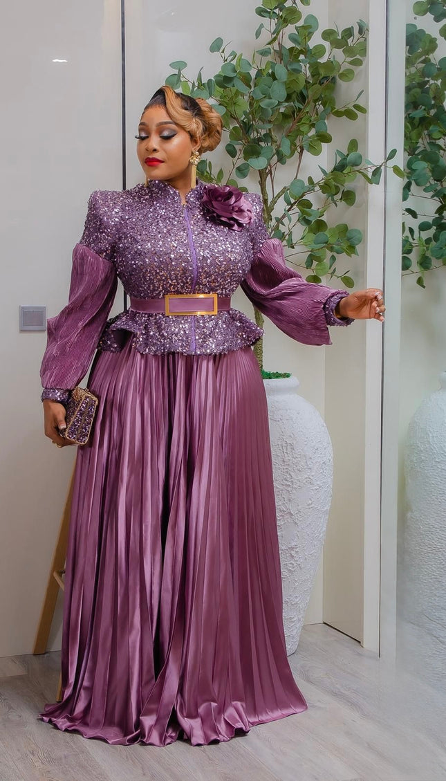 Black Sequin Bishop Sleeve Peplum Top and Pleated A-Line Skirt Suit Set- Mother of The Bride Wedding Guest Birthday Photoshoot Anniversary