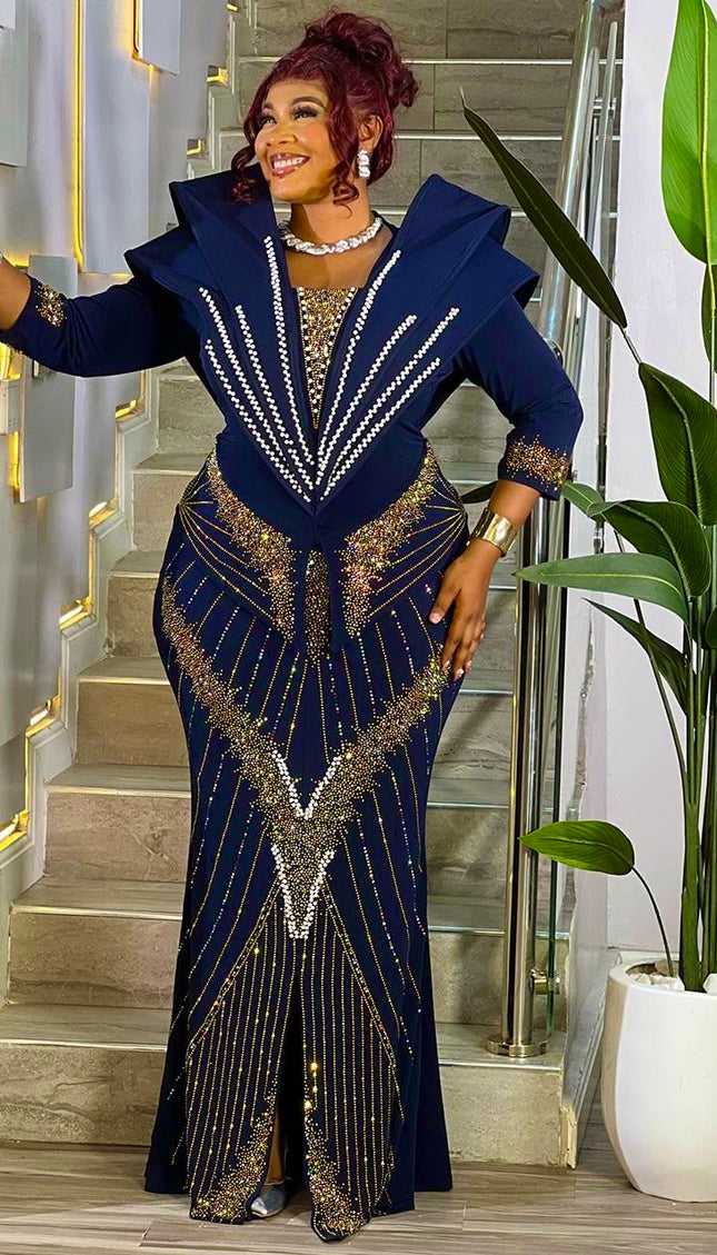 Dramatic Blue Structured Shoulder Rhinestone Embellished Maxi Dress for Special Occasion Cocktail Party Wedding Guest Birthday Photos Church Gala Anniversary Mother of The Bride Outfit Formal Evening Gown