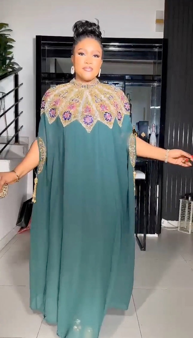 Beaded Embroidery Gold Kaftan with Sleeve Tassels | Women's Party Maxi Dress Engagement Wedding Guest