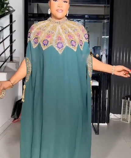 Beaded Embroidery Gold Kaftan with Sleeve Tassels | Women's Party Maxi Dress Engagement Wedding Guest