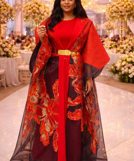 Red Brocade Kaftan Dress 2-Piece Set: Wedding Guest Attire Engagement Ceremony Mother of The Bride