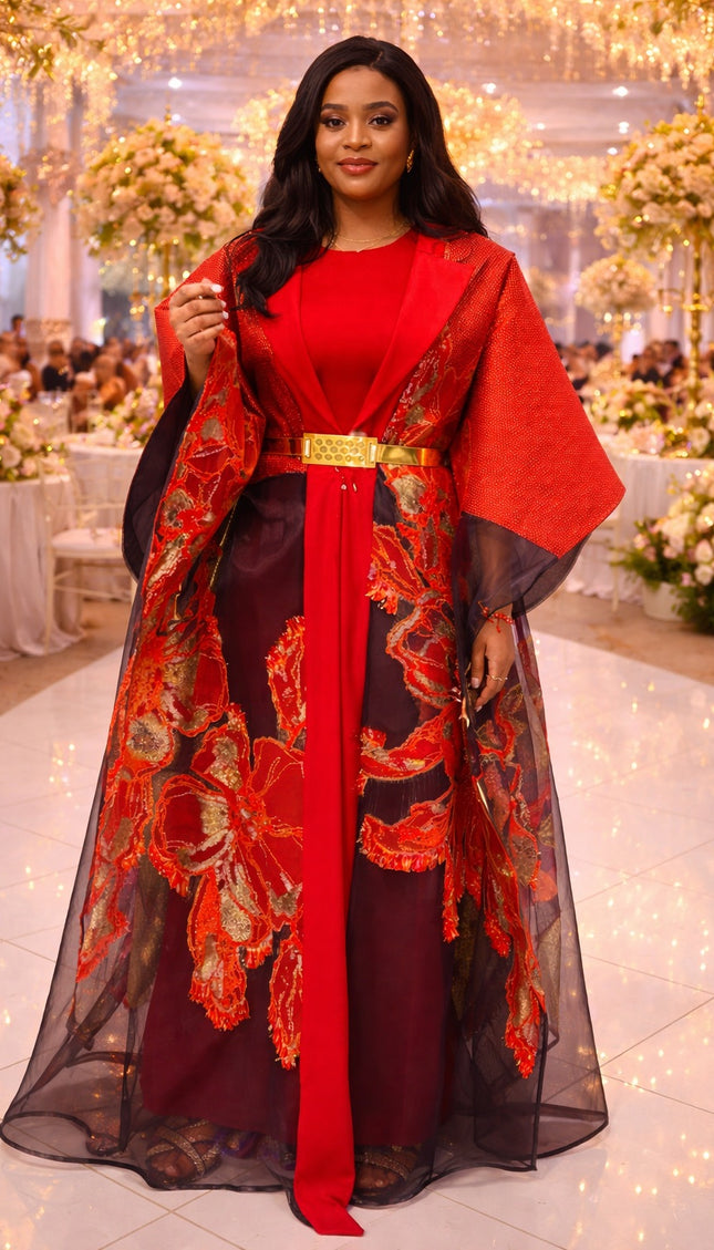 Red Brocade Kaftan Dress 2-Piece Set: Wedding Guest Attire Engagement Ceremony Mother of The Bride