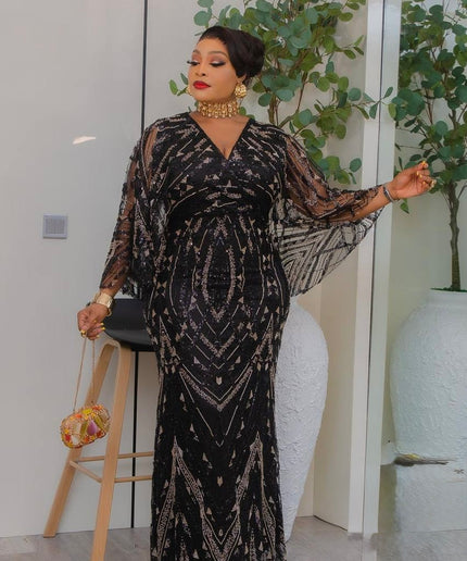 Black Embellished Cape Sleeve Maxi Dress, Beaded Formal Evening Attire: Mother of The Bride Wedding Cocktail Party