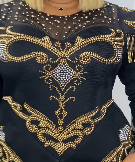 Black Embellished Peplum Long Sleeve Maxi Dress - Plus Size
