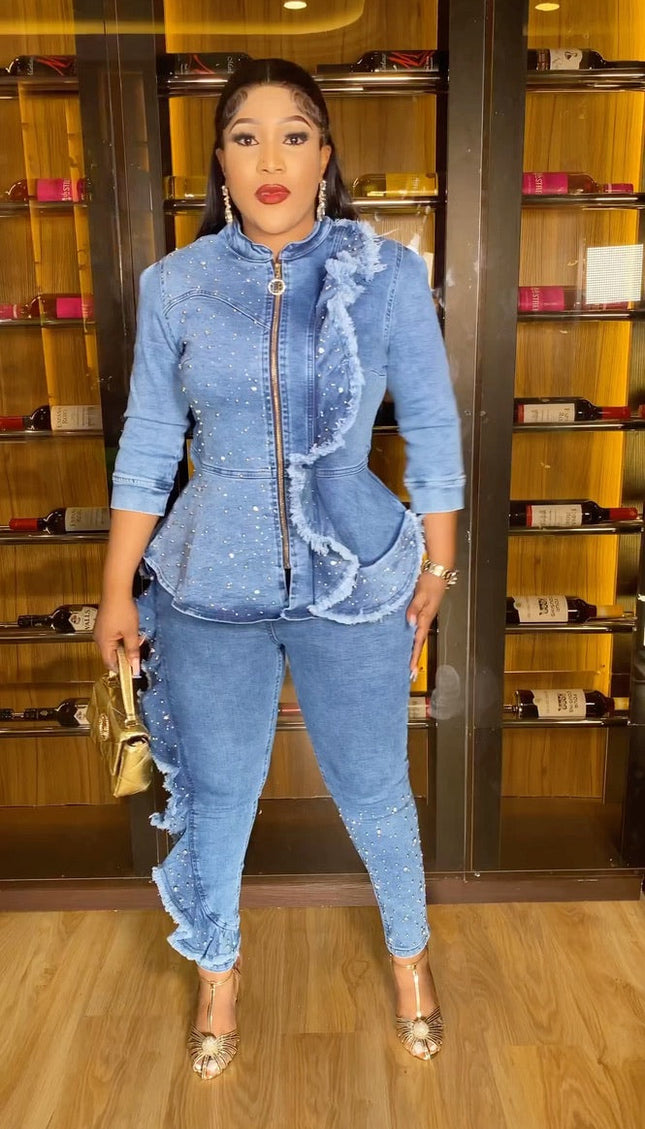 Embellished Ruffle Top and Pants Denim Set, Rhinestones Stretch Curvy Jeans Weekend Outfit