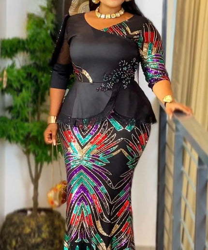 Gold Sequin Peplum Mermaid Dress, Formal Evening Gown: Mother of The Bride Birthday Party Gala Wedding Guest