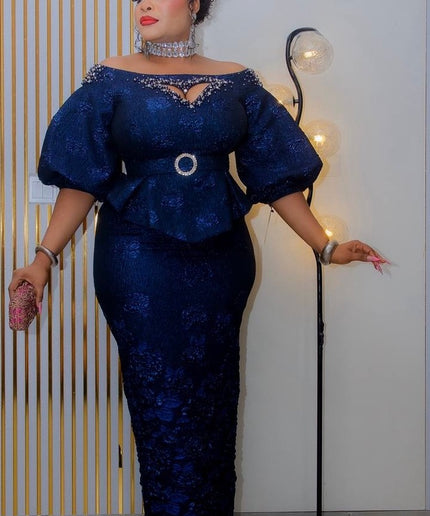 Purple Off-The-Shoulder Embellished Peplum 2-Piece Skirt Set  - Wedding Party Guest Birthday Cocktail Reception Formal Evening Outfit