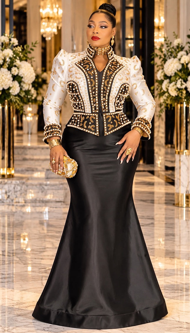 "Holiday Party Fashion" Black & Gold Rhinestone Embellished Mermaid Dress for Gala Birthday Photos Wedding Guest Mother of Bride Church Anniversary Floor-Length Formal Gown Curvy Plus Size