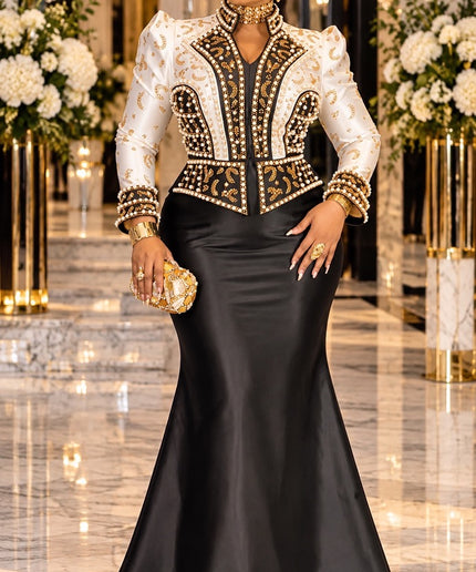 "Holiday Party Fashion" Black & Gold Rhinestone Embellished Mermaid Dress for Gala Birthday Photos Wedding Guest Mother of Bride Church Anniversary Floor-Length Formal Gown Curvy Plus Size