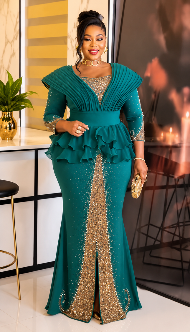 Classy Gold Rhinestone Structured Shoulder Ruffle Peplum Stretch Maxi Dress - Mother of The Bride Birthday Party Cocktail Reception Summer Wedding Guest Outfit Plus Size Formal Evening Gown