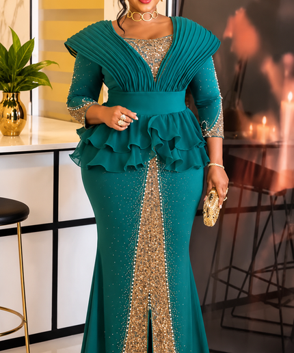 Classy Black Rhinestone Structured Shoulder Ruffle Peplum Stretch Maxi Dress - Mother of The Bride Birthday Party Cocktail Reception Summer Wedding Guest Outfit Plus Size Turkish Formal Evening Gown