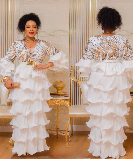 White and Gold Sequin Party Dress, Tiered Waterfall Ruffles Long Maxi Plus Size Mother of The Bride Gown, Cocktail Graduation Dinner Gala