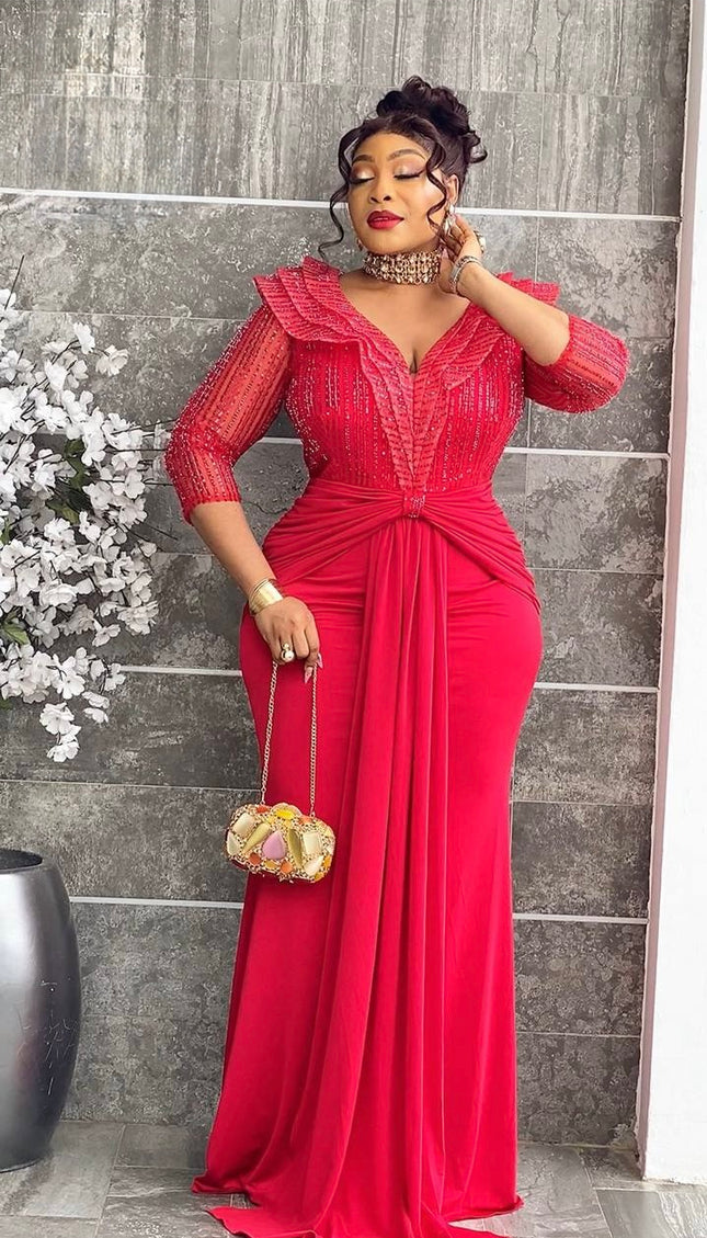 Elegant Red Sequin Ruched Maxi Dress Draped - Bridal Dinner Wedding Guest Photoshoot Birthday Party Reception Engagement